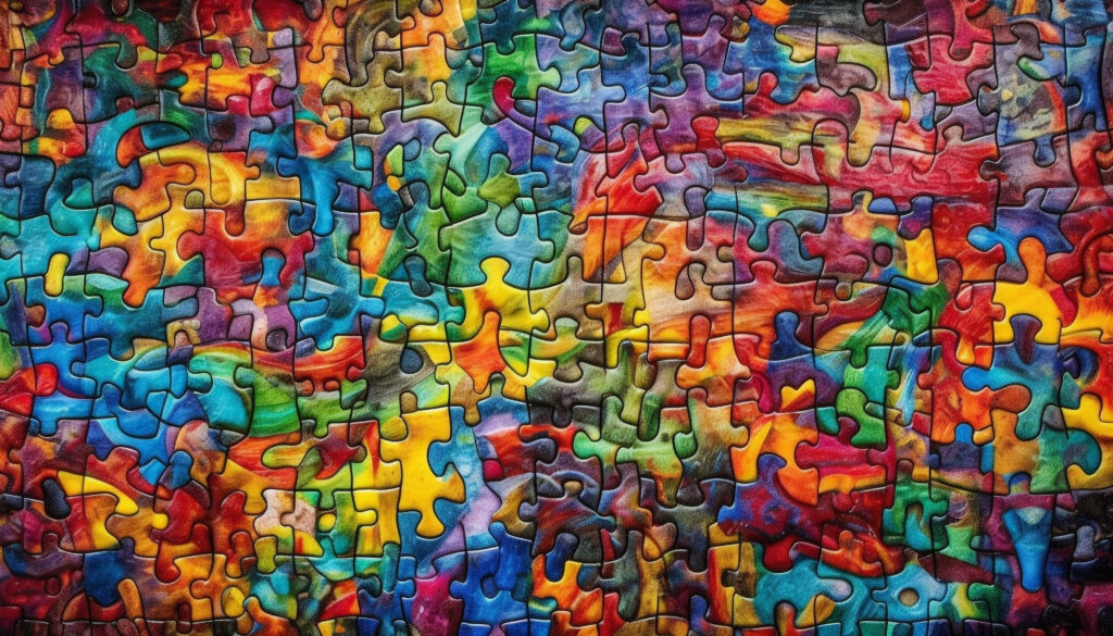 An abstract rainbow jigsaw puzzle with interlocking pieces